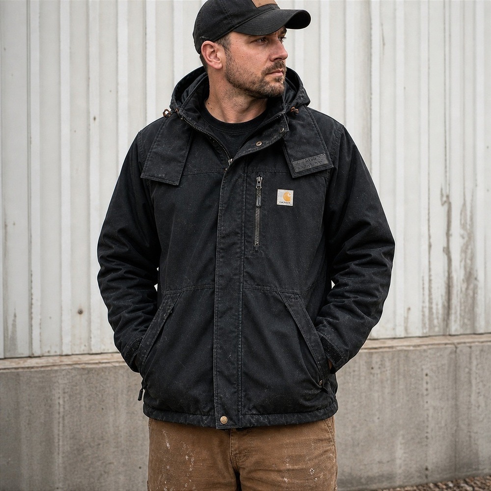 Carhartt Shoreline Jacket Mens L Black Storm Defender Hooded Workwear Coat